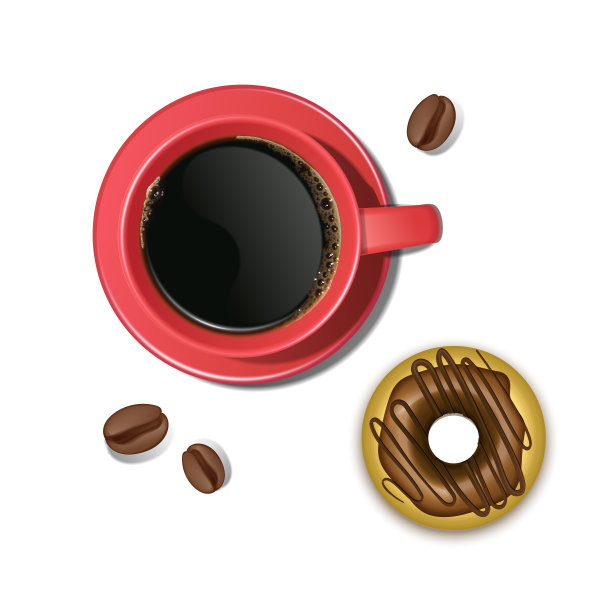 咖啡和一个巧克力甜甜圈，插图上的白色背景，杯咖啡和盘子上是巧克力甜甜圈图片下载