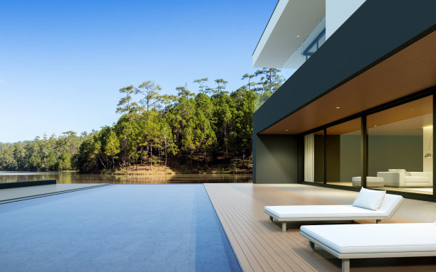 以森林湖为背景，白天带游泳池的豪华现代住宅，简约的建筑设计理念。三维渲染图片下载