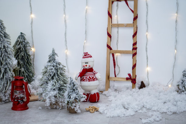 美丽的圣诞作文，一个雪人和一个灯笼。股票的圣诞主题图片下载