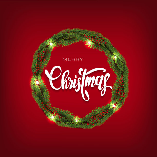 圣诞快乐，恭贺新禧。圣诞树的树枝和灯圣诞设计，手写的圣诞字体图片下载