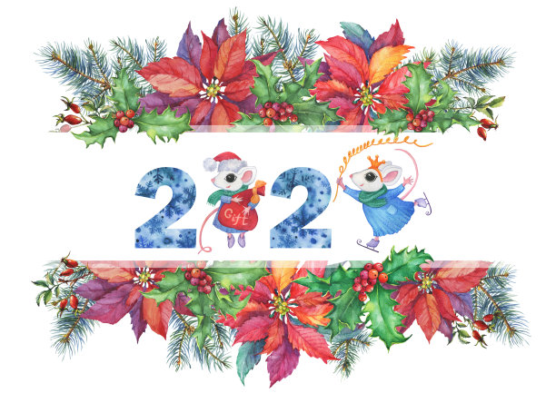 新年横幅上挂着圣诞树、冬青、一品红。铭文2020用一只白色可爱的小老鼠在冬天的衣服。卡通水彩手绘插画，孤立绘画。图片下载