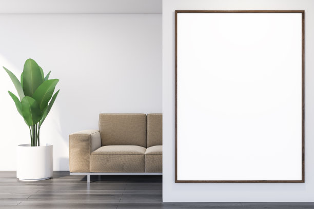 白色客厅，沙发和海报图片下载