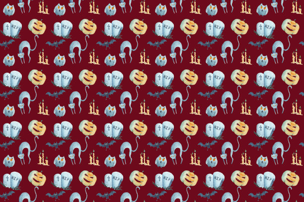 水彩无缝图案上的万圣节品红色的背景。手绘,墓地的主题。图片下载