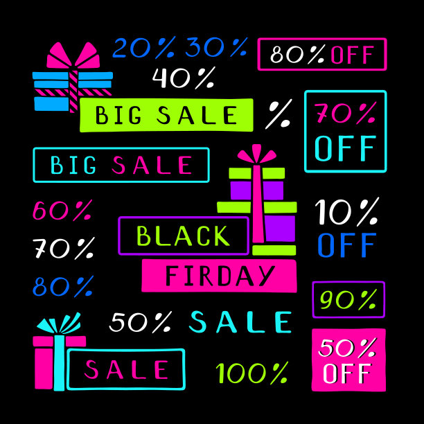 大减价、黑色星期五和节礼日的霓虹色销售贴纸。波普艺术手绘集。矢量插图。图片下载