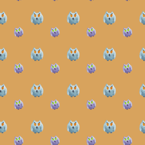 无缝图案的猫头鹰在米色背景万圣节水彩插图图片下载
