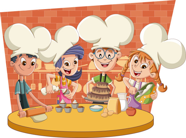 孩子们在烤蛋糕和纸杯蛋糕。图片下载