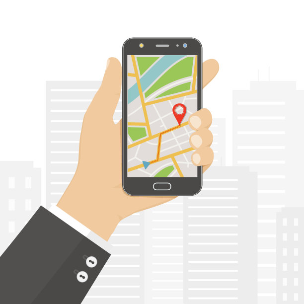 手持智能手机与gps导航地图在屏幕上。移动导航的概念。平面向量插图。图片下载