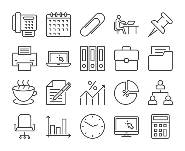 20办公室图标。办公室工作线图标设置。矢量插图。可编辑的中风。图片下载