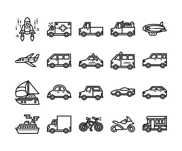 公共汽车或交通工具轮廓图标集，矢量和插图图片下载
