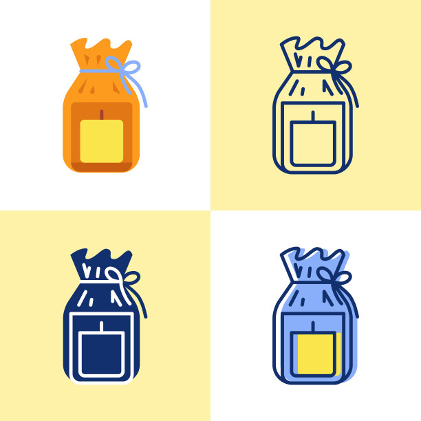 蜡烛在礼品包装图标设置在平面和线条风格图片下载