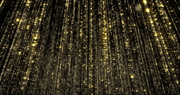 35、金灿灿的雨丝，流光细丝的窗帘带着散kesh的火花。金色的闪光粒子雨滴流背景与魔法闪烁眩光图片下载