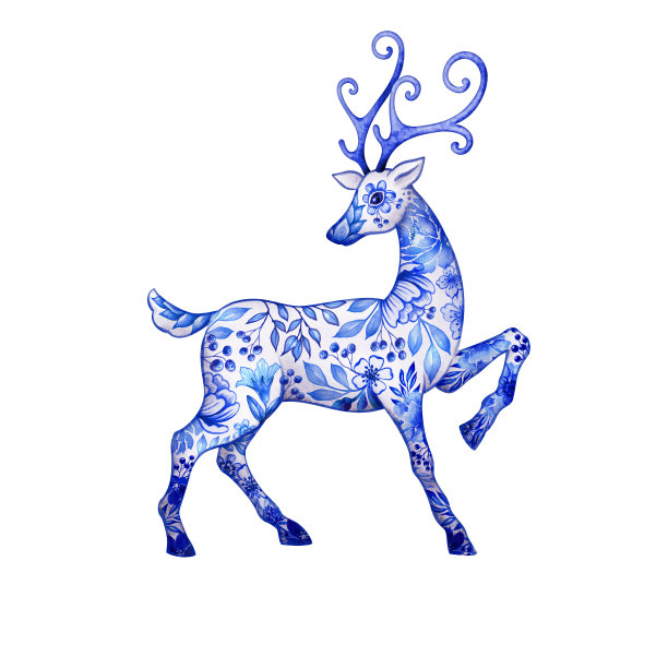 鹿侧影与蓝色花代尔夫图案。驯鹿水彩插图。植物印。动物剪辑艺术孤立的白色背景素材图片
