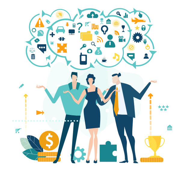 一群年轻的专业人士质疑、思考、寻找正确的解决方案理念。商务人士在行动的集合。图片下载