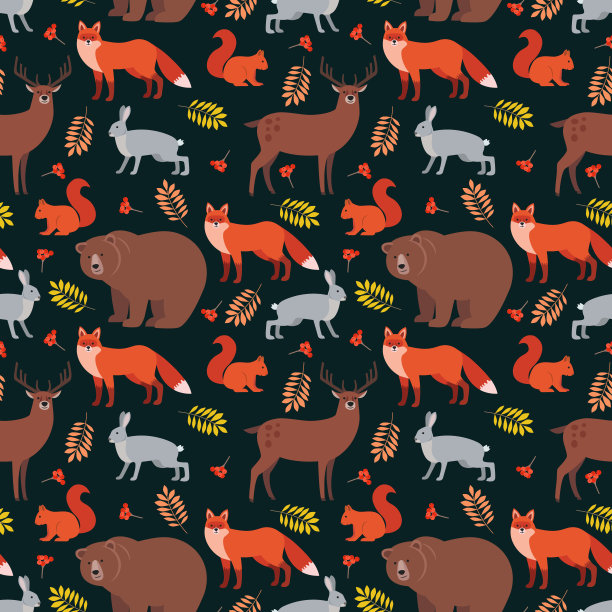 无缝模式的森林动物和植物:狐狸，鹿，熊，野兔，松鼠，秋天的叶子，月桂浆果孤立在黑暗的背景。图片下载