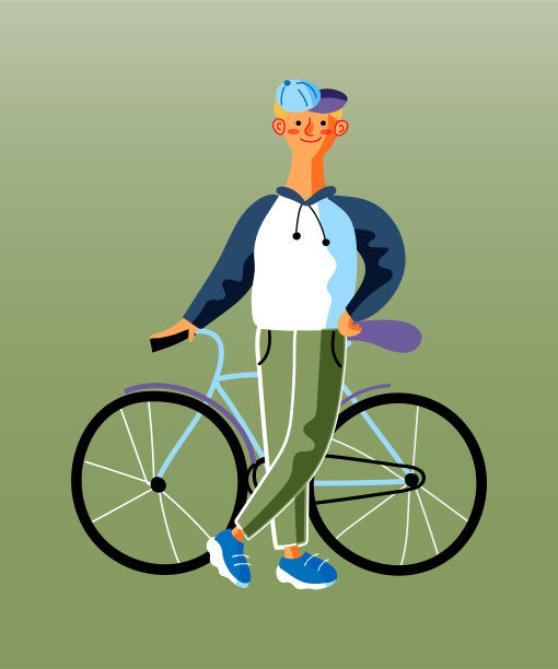 男孩站在自行车附近的平面矢量插图图片下载