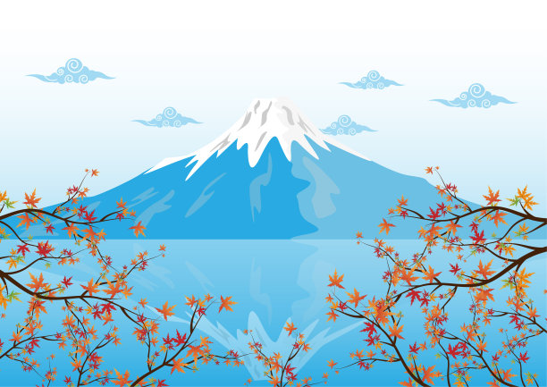 日本著名的富士山，用枫叶矢量插画。图片下载