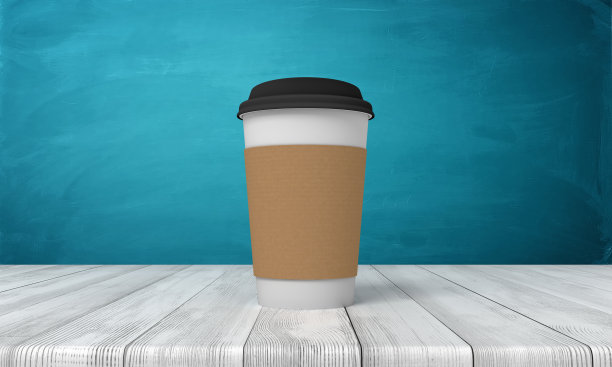 纸咖啡杯的3d渲染在白色的木地板和深绿松石背景图片下载
