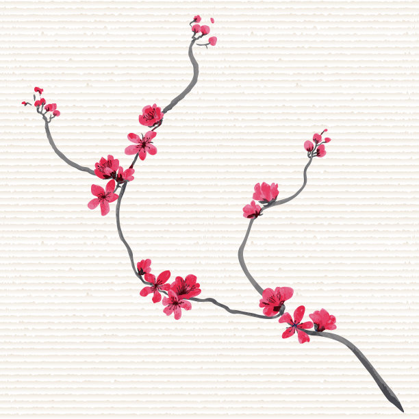 矢量粉红色手绘幻想中国梅花和盛开的树枝在日本民俗画风格的Sumi-e宣纸上。蜡染，书皮，t恤印花，东方新年贺卡图片下载