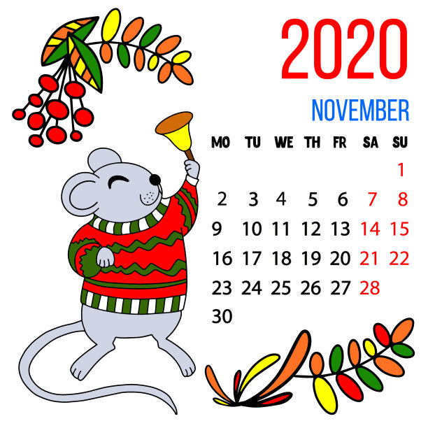 矢量2020新年日历11月的孩子与可爱有趣的鼠标与贝尔图片下载