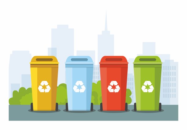 垃圾箱用于回收不同类型的垃圾在城市背景。对塑料、有机、电子垃圾、玻璃、纸张进行分类。图片下载