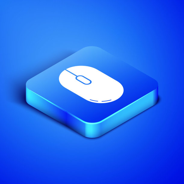 等距计算机鼠标图标隔离在蓝色背景。光学与车轮符号。蓝色方块按钮。矢量图图片下载
