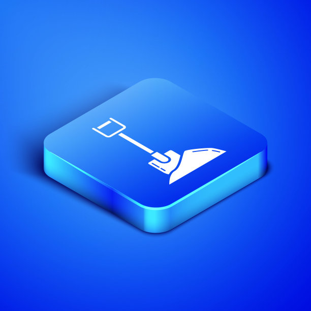 等距铲在地面图标孤立在蓝色背景。园艺工具。园艺、农业、农业的工具。蓝色方块按钮。矢量图图片下载