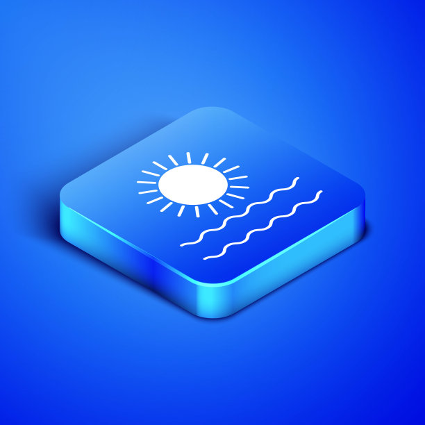 等距太阳和波浪图标孤立在蓝色背景。蓝色方块按钮。矢量图图片下载