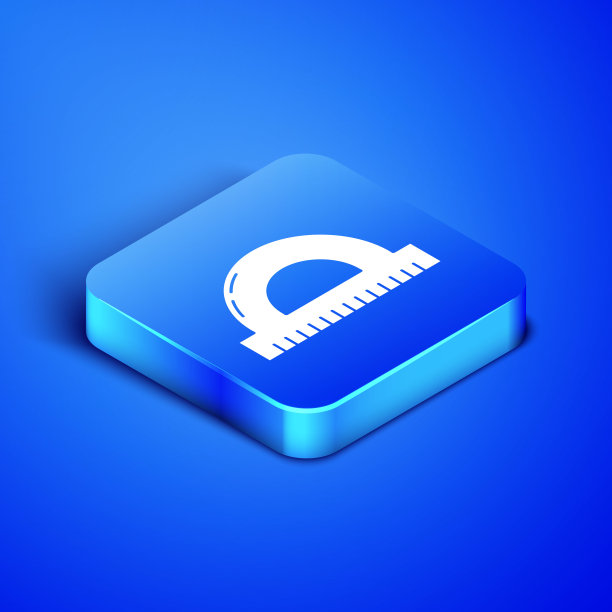 等距量角器网格测量度图标隔离在蓝色背景。倾角计。测量工具。几何符号。蓝色方块按钮。矢量图图片下载