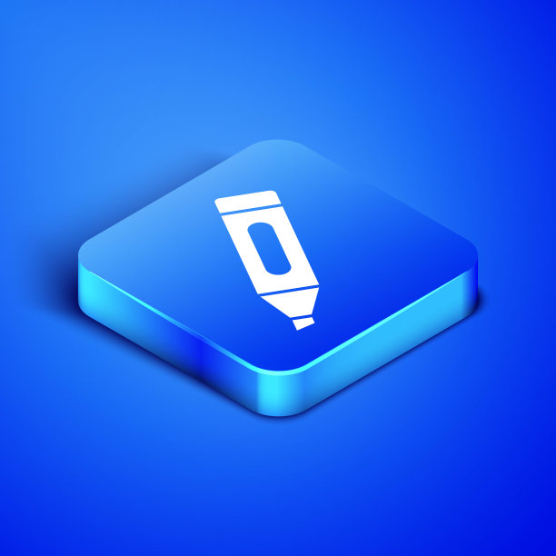 等距标记笔图标隔离在蓝色背景。蓝色方块按钮。矢量图图片下载