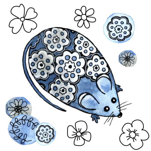 水彩画上有一只老鼠，一只老鼠，用花和树枝装饰。优雅的卡通动物在期待节日。手绘的2020年新年标志。图片下载