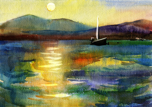 练习曲海景。红色的夕阳。海，山，船。水彩绘画。图片下载