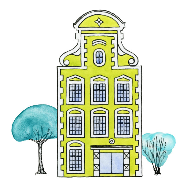 欧洲城市的绿色历史建筑和蓝色的树木。荷兰的传统建筑。水彩手绘插图孤立的白色背景。图片下载