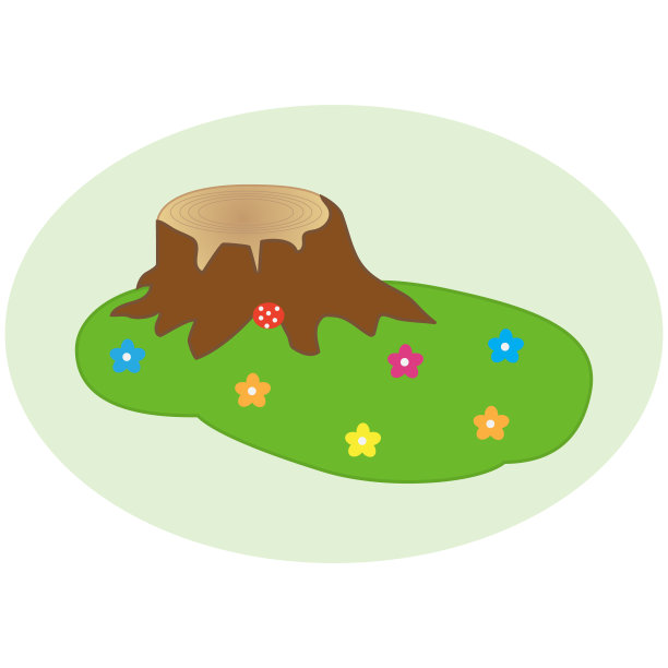 树桩在有花的空地上。平面设计、向量。图片下载
