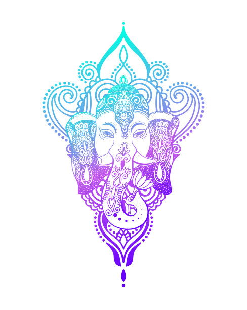 主甘尼萨头与莲花画-印度精神动物大象纹身或瑜伽设计图片下载