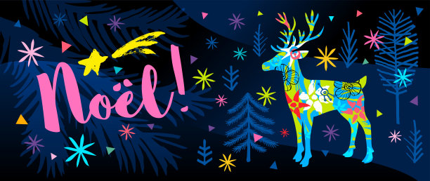 新年，诺埃尔，圣诞快乐，最美好的祝福，字体，金色的象征，信件引用贺卡。圣诞树装饰鹿星星雪花。图片下载