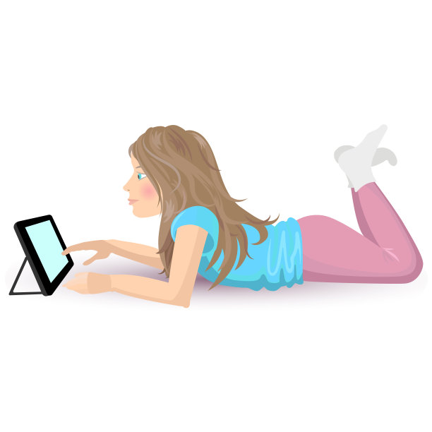女孩躺在地板上玩平板电脑。矢量图图片下载