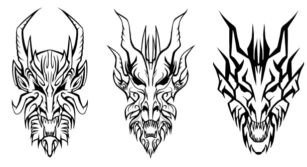 不同风格的龙头剪影。前视图的细节。图片下载