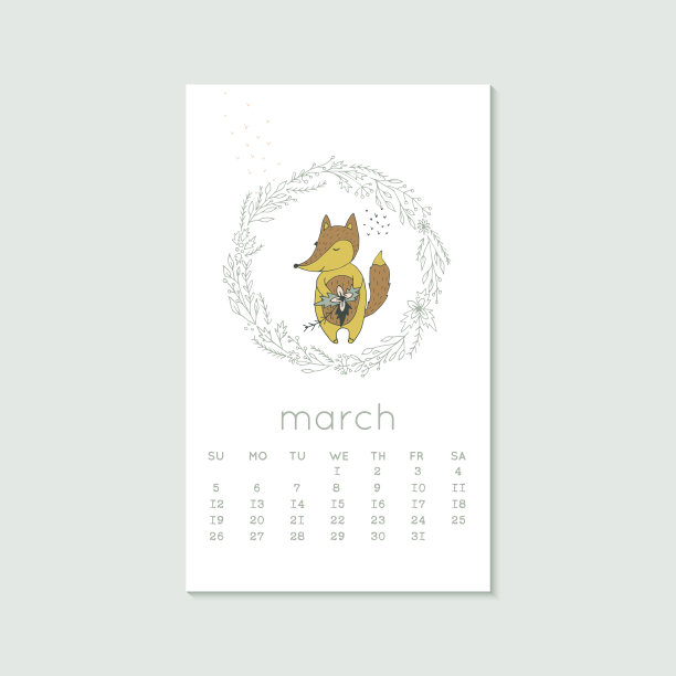 2020年日历设计可爱，春季有狐狸和花环。一周从周日开始。垂直可编辑的日历页面模板，可用于网页，横幅，海报和打印图形图片下载