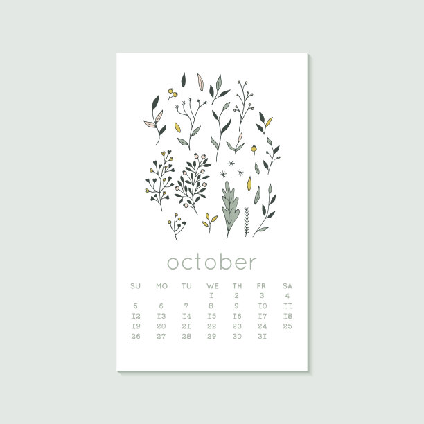 可爱的设计为日历2020，秋天的月与花和花。一周从周日开始。垂直可编辑的日历页面模板，可用于网页，横幅，海报和打印图形图片下载