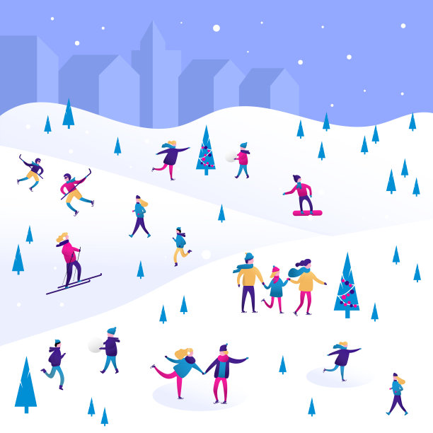 冬季景观有小人，男人和女人，孩子和家庭。矢量场景与滑雪，滑冰，滑雪板。扁平的角色做运动。圣诞贺卡，海报，横幅设计图片下载