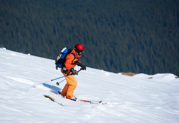 专业滑雪者在白雪皑皑的云杉上滑雪。寒假的概念。图片下载
