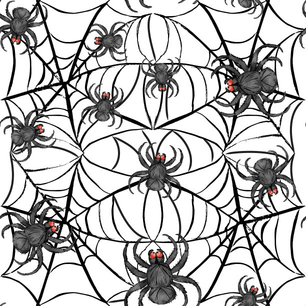 水彩手绘艺术幽灵万圣节黑蜘蛛网卡通复古无缝图案图片下载