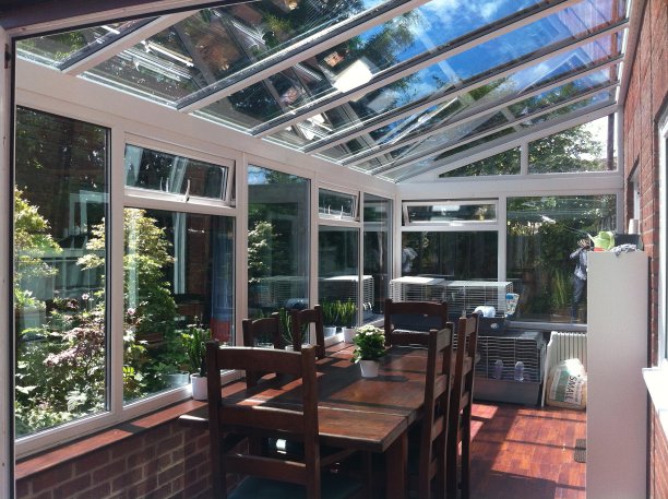 室内的玻璃温室，用餐区和动物笼子，深色木材餐桌和椅子，家庭花园的景色图片下载