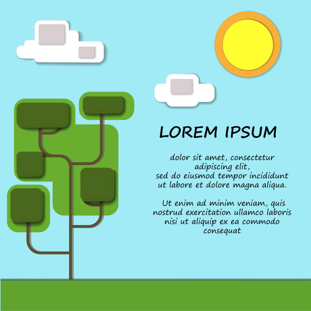 矢量插图的卡通绿树与蓝色的天空，灰色的云和太阳在剪纸图片下载