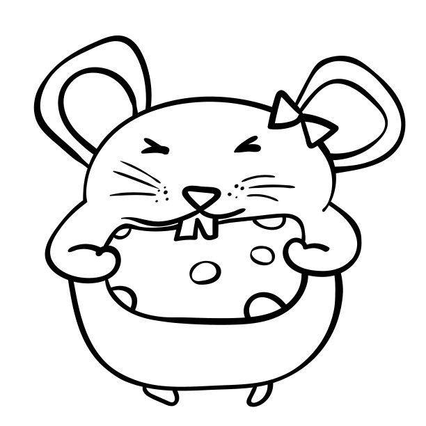 吃着一大块奶酪的啮齿动物。午餐，晚餐或早餐。卡通风格,向量。矢量插图着色页，着色书。轮廓。图片下载