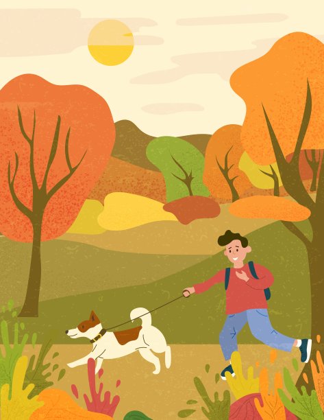 快乐的男孩在秋天的公园里和狗一起奔跑图片下载