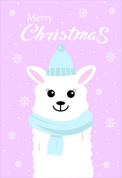 白色的羊驼和柔软的粉红色背景上的雪花的节日贺卡。矢量手绘插图。可爱的卡片为您的设计。节日的背景。手写的现代快报。图片下载