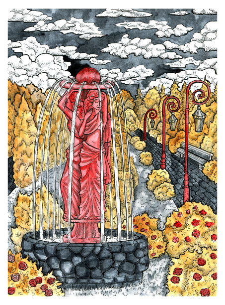 有喷泉和雕像的古老花园。图片下载