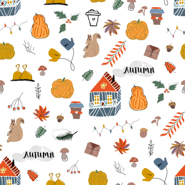 可爱的卡通插图剪纸与不同的秋季节日符号，动物和人物。图片下载