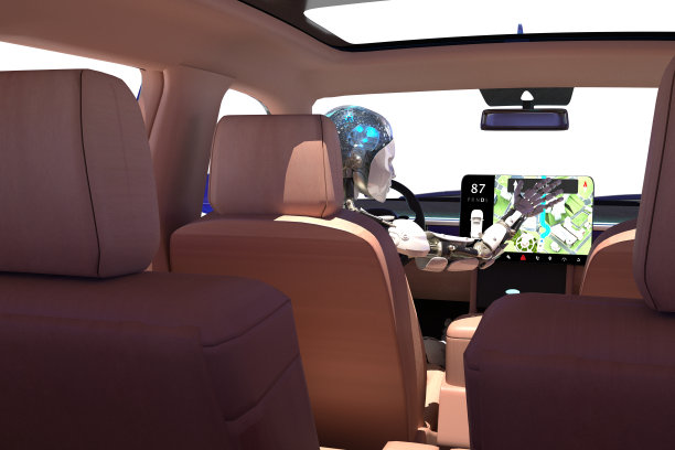 机器人驾驶着白色的电动SUV图片下载